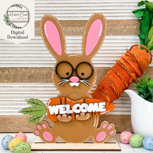 Lapin de Pâques debout SVG, fichier numérique, plaque de bienvenue de Pâques, lapin tenant une carotte, fichiers de peinture, Glowforge, découpe laser, téléchargement, bricolage