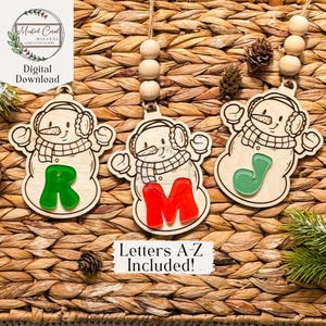 Personalized Christmas Ornament SVG, Digital File, Initial, Snowman, Kids Christmas, Glowforge, Laser Cut, Download, Gift Tag, Bag Tag