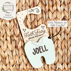 Accroche-porte signe fée des dents, personnalisé, bouton, fichier numérique, enfants, porte-dents, argent, carte-cadeau, Glowforge, découpeuse laser, téléchargement