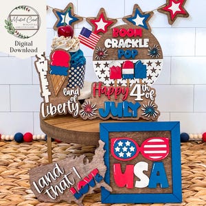 4 juillet plateau à plusieurs niveaux SVG, fichier numérique, États-Unis, Amérique, été, patriotique, feux d'artifice, fichiers de peinture, Glowforge, découpe laser, téléchargement,
