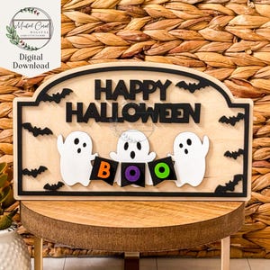 Happy Halloween Ghost with Banner SVG, Digital File, Ghost Holding Banner, Boo, Bats, Door Hanger, Glowforge, Laser Cut, Download, 3D Signs