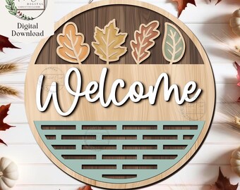 Fall Welcome Sign SVG, Digital Download, Autumn Door Hanger, Glowforge, Laser Cut File