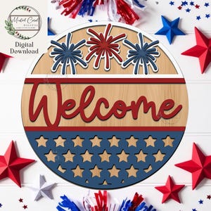 Patriotisches Willkommensschild SVG, digitale Datei, Sommer, 4. Juli, Stars and Stripes, runder Türschild, Glowforge, Cricut, Laser Cut, Download