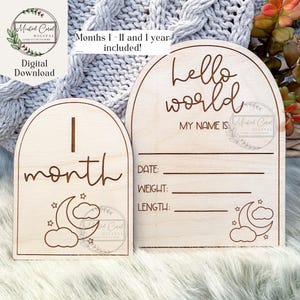 Marcadores de hitos mensuales para bebés SVG, luna, estrellas, Hola mundo, estadísticas de nacimiento, accesorio fotográfico, archivo digital, Glowforge, corte láser, descarga digital