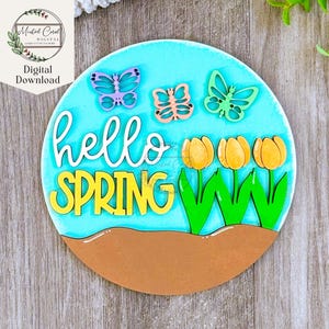 Hallo Frühling SVG, Frühling Türschild, Tiered Tablett, Rund, Digital, Blumen, Schmetterlinge, Tulpen, Farbdateien, Glowforge, Laser, Download