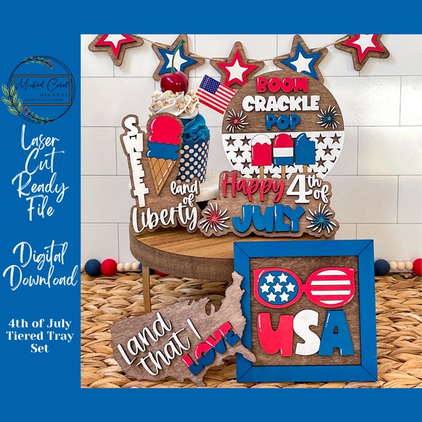 4th of July Tiered Tray SVG, Digital File, USA, America, Summer, Patriotic, Fireworks, Paint Files, Glowforge, Laser Cutter, Download,