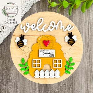 Welkomstbord bij: SVG, lente, zomer, deurhanger, hommel, honing, bijenkorf, digitaal bestand, verfbestanden, Glowforge, lasersnijder, download