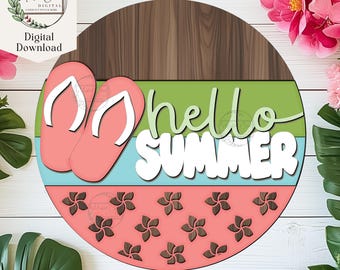 Hello Summer Sign SVG, Digital Download, Flip Flop Door Hanger, Round Beach Sign, Laser Cut File