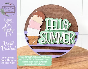 Ice Cream Round SVG, Door Hanger, Digital File, Summer, Ice Cream Cone, Sundae, Hello Summer, Paint Files, Glowforge, Laser Cutter, Download