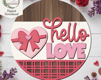 Hello Love Sign SVG, Digital Download, Valentine's Day Welcome Sign, Round Door Hanger, Laser Cut File