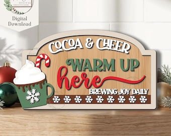 Hot Cocoa Sign SVG, Digital Download, Cocoa and Cheer, Holiday Coffee Bar, Christmas Shelf Decor, Glowforge, Laser Cut File