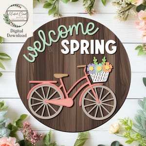 Bienvenue printemps vélo signe SVG, fichier numérique, fleurs, accroche-porte rond, panneau de porte floral, Glowforge, Cricut, découpé au laser, téléchargement