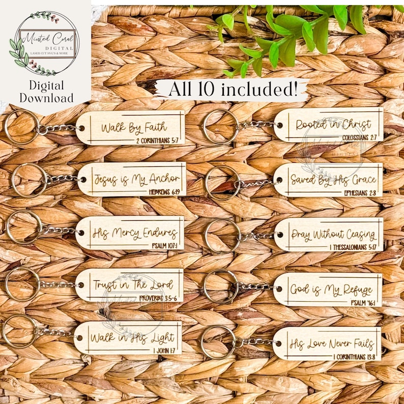 K&ouml;nnte beinhalten: Zehn Schl&uuml;sselanh&auml;nger aus Holz mit inspirierenden Bibelversen und Schriftreferenzen. Jeder Schl&uuml;sselanh&auml;nger zeigt einen anderen Vers und ist in hellbrauner Farbe graviert.
