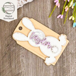 Etichetta per cestino di Pasqua coniglietto SVG, file digitale, etichetta con nome, coniglietto, etichetta per bambini, file di vernice, Glowforge, taglierina laser, download, fai da te