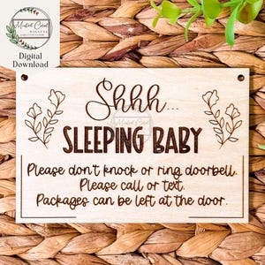 Letrero de bebé durmiendo Shhh SVG, colgador de puerta, por favor, no golpees, bebé recién nacido, regalo de ducha, timbre de puerta, archivo digital, Glowforge, corte láser, descarga