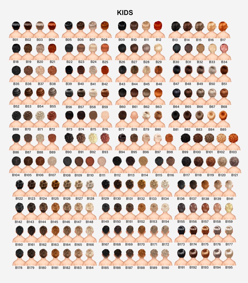 Puede incluir: Una cuadr&iacute;cula de 195 peque&ntilde;as ilustraciones de peinados infantiles, cada una con un color y estilo de cabello &uacute;nicos. La palabra "KIDS" est&aacute; en la parte superior. Las ilustraciones est&aacute;n dispuestas en filas y columnas, ofreciendo una variedad de opciones.
