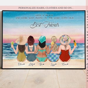 Personalized Friends summer gift, Curvy and Slim body type, Friends on the beach, Happy vacation with bff, Download and print