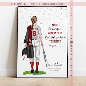 Impresión personalizada de graduación de sóftbol - Arte deportivo personalizado - El regalo perfecto para un jugador de sóftbol que se gradúa - Regalo de recuerdo - Decoración de pared personalizada