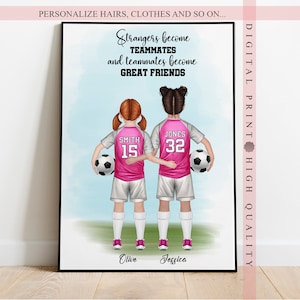 パーソナライズされたジュニア女子サッカーチームメイトのプリント - サッカー好きの親友への心のこもったギフト - カスタムスポーツアート - ウォールアート