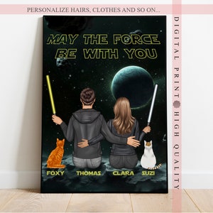 Personalized Galaxy Wars Couple Print - Love in a Galaxy Fan - Galaxy Couple portrait with pets - Space Couple Gift - Star school-Space Wars