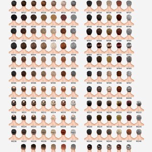 Puede incluir: Una cuadr&iacute;cula de ilustraciones que presentan varios peinados y colores de cabello, etiquetados con c&oacute;digos de M126 a M259. La palabra "MAN" est&aacute; en la parte superior. Las ilustraciones est&aacute;n dispuestas en filas y columnas, mostrando una diversa gama de tonos de cabello.