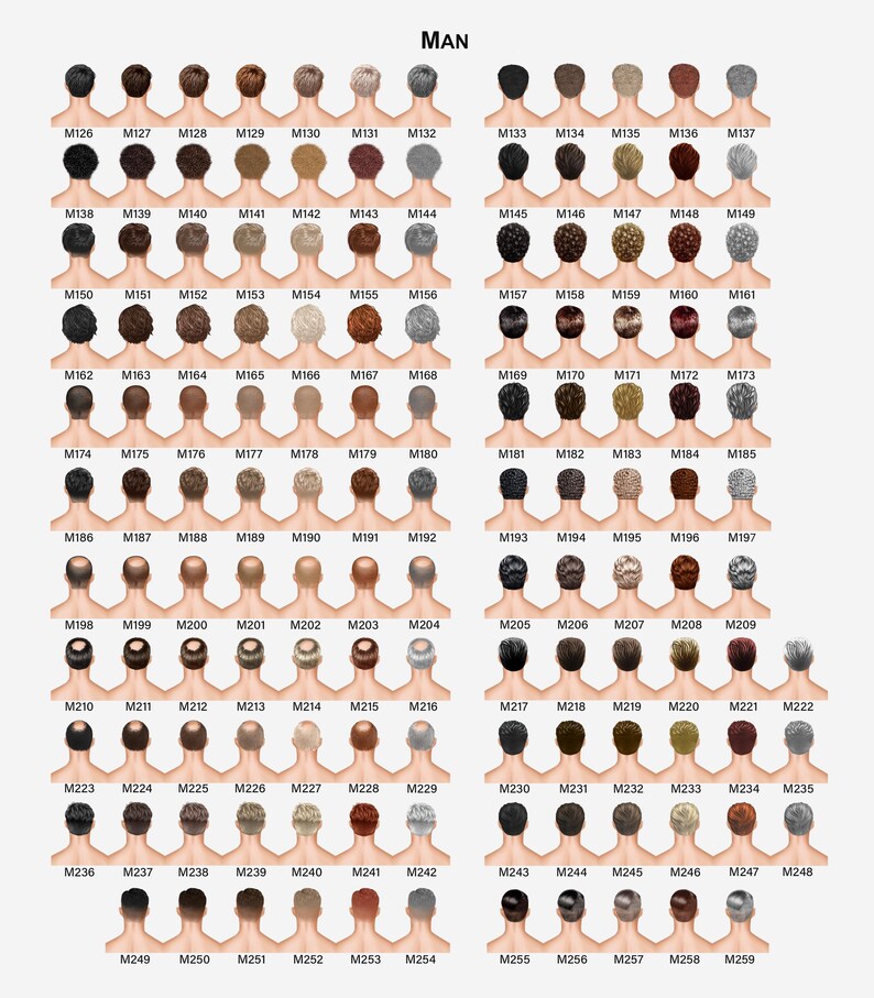 Puede incluir: Una cuadr&iacute;cula de ilustraciones que presentan varios peinados y colores de cabello, etiquetados con c&oacute;digos de M126 a M259. La palabra "MAN" est&aacute; en la parte superior. Las ilustraciones est&aacute;n dispuestas en filas y columnas, mostrando una diversa gama de tonos de cabello.
