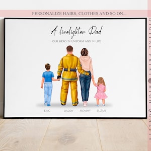 Regalo familiar personalizado para bomberos - Regalo para el esposo - Regalo con ilustración personalizada para el Día del Padre, aniversario y más - Retrato familiar DAD01