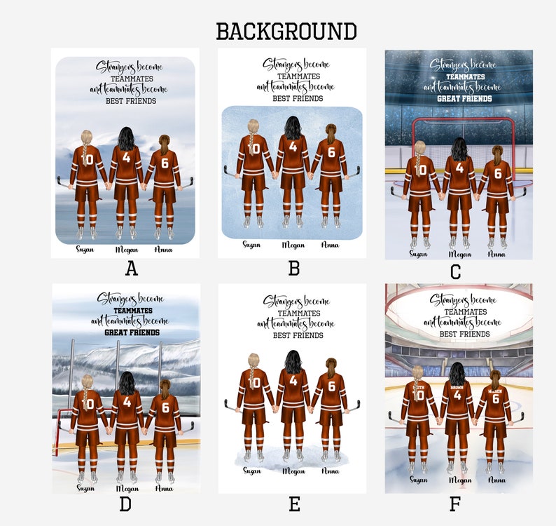 Puede incluir: Seis ilustraciones de jugadoras de hockey sobre hielo con camisetas granates con rayas blancas, cada una con un palo de hockey. Las ilustraciones tienen diferentes fondos y el texto dice "Strangers become teammates and teammates become best friends" o "great friends".