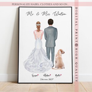犬を連れた新婚夫婦のためのパーソナライズされたウェディングプリント - 愛、家族、そして特別な日をお祝いしましょう - ペットと一緒にカスタムメイドの花嫁と花婿のポートレート