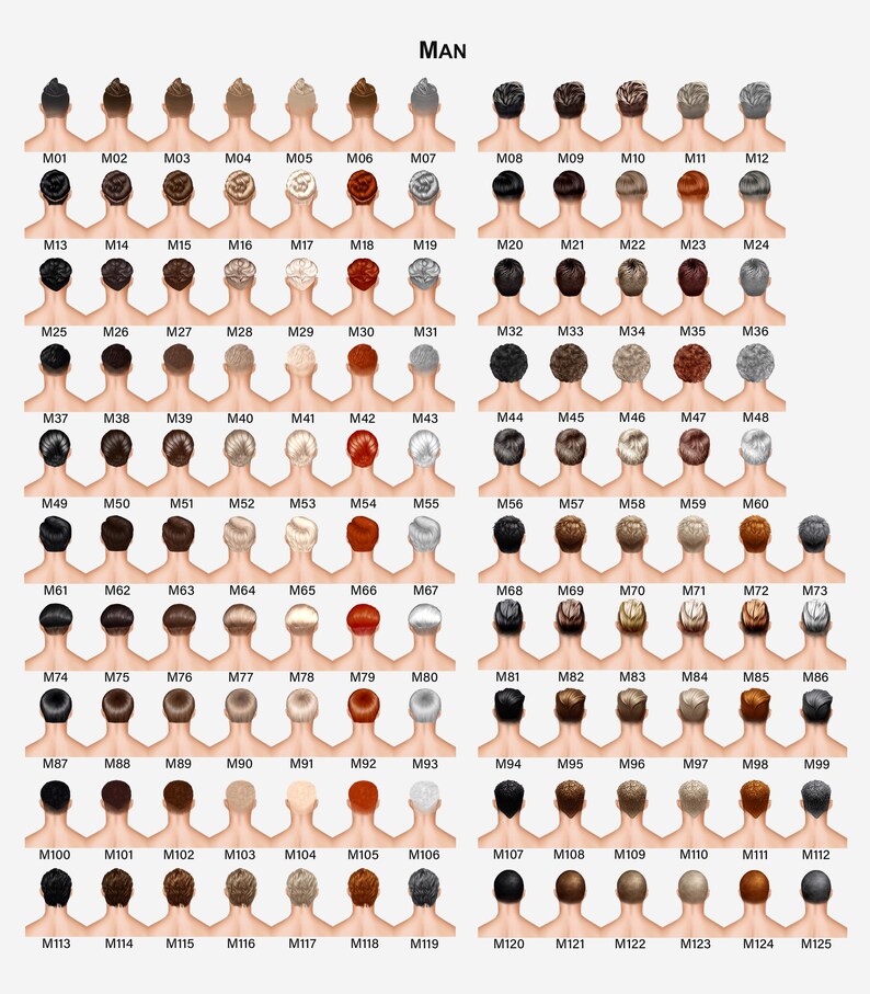 Puede incluir: Un gr&aacute;fico que muestra 125 opciones diferentes de peinados masculinos, cada uno con un color y estilo de cabello &uacute;nicos. Los peinados var&iacute;an de cortos a largos, con variaciones de color que incluyen negro, marr&oacute;n, rubio y gris.