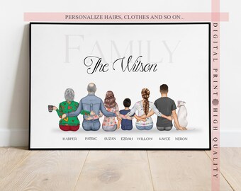 Fathers day gift, Custom Family Portrait with Pets, Christmas Gift for Mom from Daughter,Husband Gift, Personalized Wall Art, new home gift