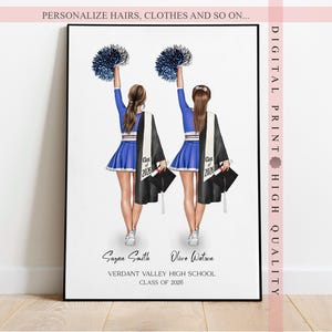 Personalized Graduation Cheerleaders Best Friedns Print - Dancer senior - Custom illustration - Digital portrait for Cheer grad - Wall art