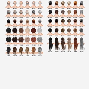 Puede incluir: Una colecci&oacute;n de ilustraciones de peinados masculinos, cada uno etiquetado con un c&oacute;digo &uacute;nico. Los estilos var&iacute;an desde cortes cortos y calvos hasta mechones largos y fluidos, e incluyen varios colores como negro, marr&oacute;n, gris y rubio.