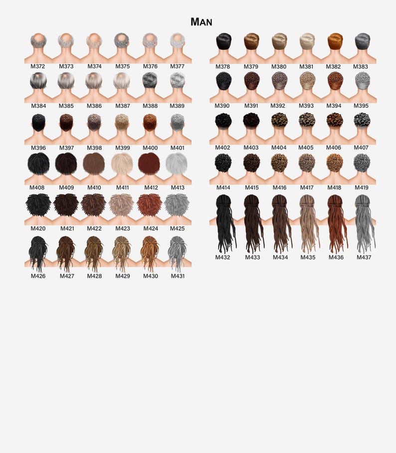 Puede incluir: Una colecci&oacute;n de ilustraciones de peinados masculinos, cada uno etiquetado con un c&oacute;digo &uacute;nico. Los estilos var&iacute;an desde cortes cortos y calvos hasta mechones largos y fluidos, e incluyen varios colores como negro, marr&oacute;n, gris y rubio.