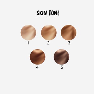Puede incluir: Imagen que presenta cinco muestras circulares que representan diferentes tonos de piel, numeradas del 1 al 5. El texto "SKIN TONE" se muestra encima de las muestras. Los tonos de piel var&iacute;an de beige claro a marr&oacute;n oscuro.