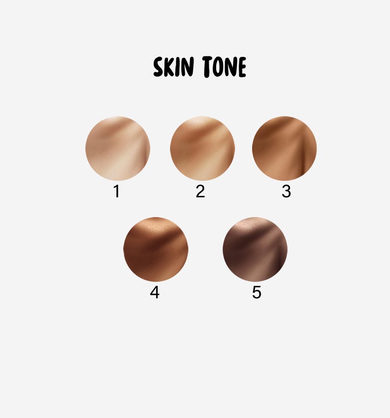 Puede incluir: Imagen que presenta cinco muestras circulares que representan diferentes tonos de piel, numeradas del 1 al 5. El texto "SKIN TONE" se muestra encima de las muestras. Los tonos de piel var&iacute;an de beige claro a marr&oacute;n oscuro.