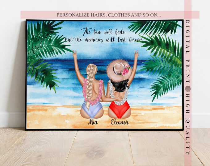 Print Gift, Personalized Friends summer gift, Friends on the beach, happy vacation with bff,personalized gift for her, Friendship summer