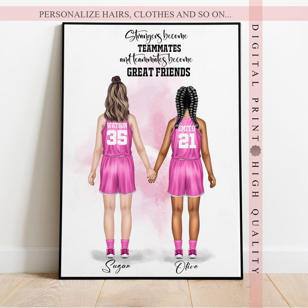 Impression personnalisée de coéquipiers de basket-ball pour filles - Célébrez le pouvoir de l'amitié et de l'unité de l'équipe - Illustration de l'équipe personnalisée