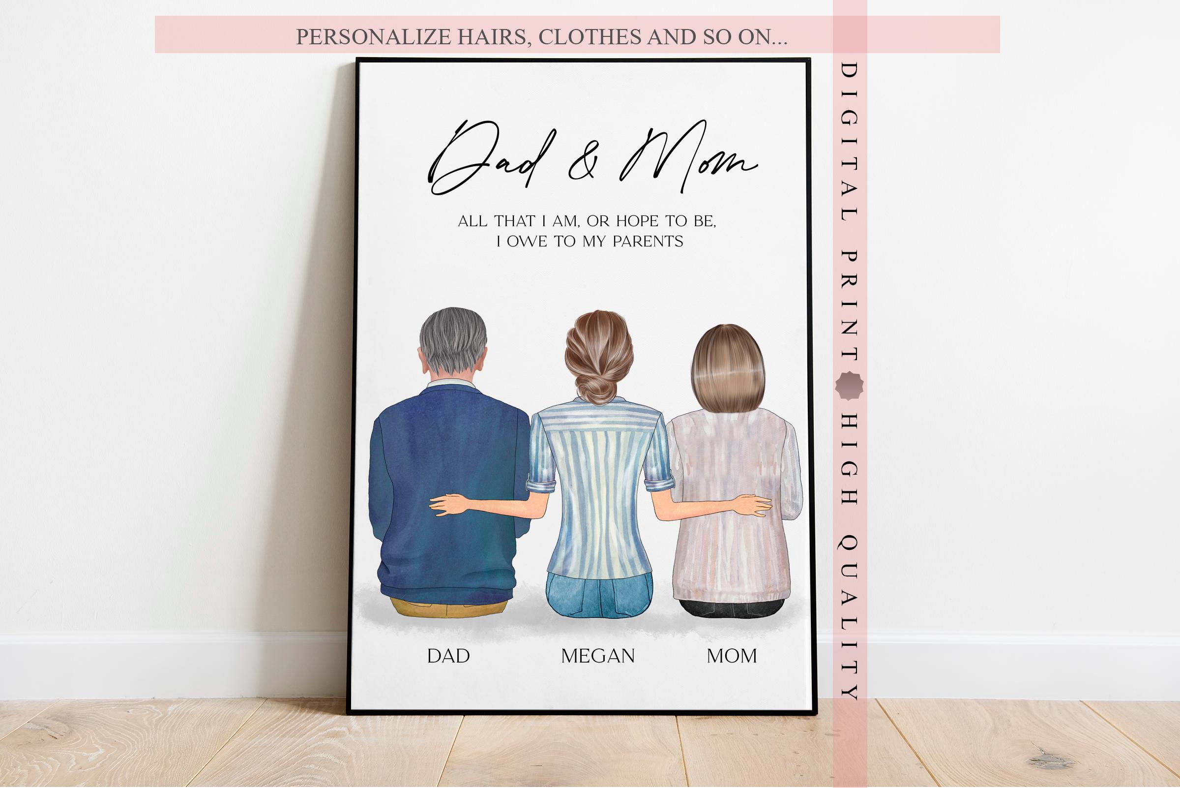 Gift for Parents from Daughter - Custom family portrait - Family Wall Art Illustration -Mom and Dad Birthday Gift-Fathers day printable card