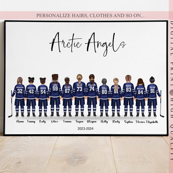 Impression personnalisée de l'équipe de hockey pour filles juniors - Célébrez l'esprit d'équipe sur et en dehors de la patinoire - Art mural cadeau personnalisé - Cadeau de l'équipe de hockey