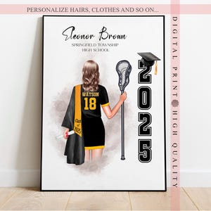 Regalo personalizado de niña graduada de lacrosse: celebre la trayectoria de una graduada en lacrosse: ilustración personalizada, retrato digital, arte de pared