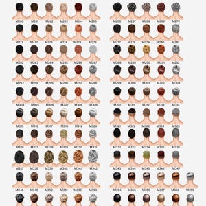 Puede incluir: Una cuadr&iacute;cula de ilustraciones que presenta varios peinados para hombres, etiquetados con c&oacute;digos de M260 a M371. Los peinados var&iacute;an en color, desde negro hasta rubio y gris, con diferentes texturas y longitudes.