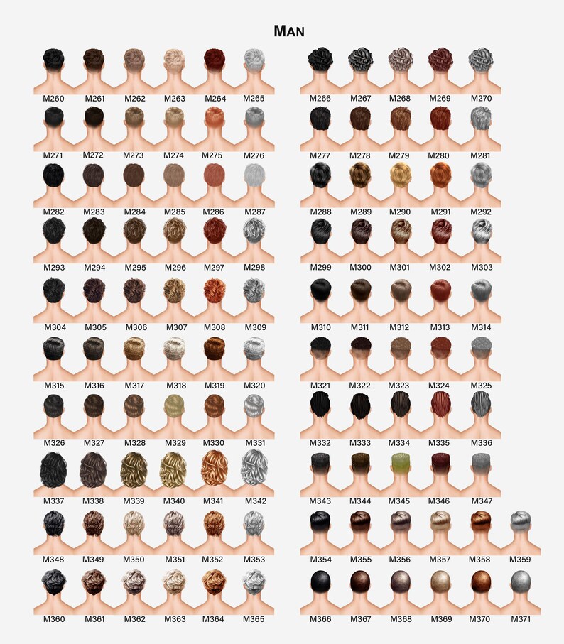 Puede incluir: Una cuadr&iacute;cula de ilustraciones que presenta varios peinados para hombres, etiquetados con c&oacute;digos de M260 a M371. Los peinados var&iacute;an en color, desde negro hasta rubio y gris, con diferentes texturas y longitudes.