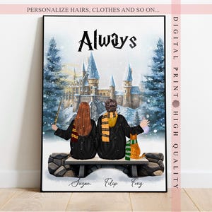Impresión personalizada de pareja de magos - Arte de pared personalizado - Regalo de aniversario - Fanáticos de la escuela de magia - Regalo personalizado - Ilustración de retratos digitales