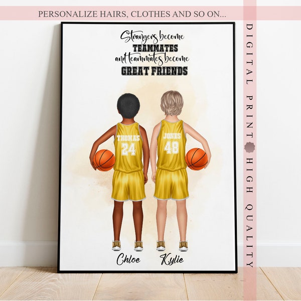 Impression personnalisée de coéquipiers de basket-ball junior garçons - chérissez les liens d'amitié et d'esprit d'équipe - Illustration d'équipe personnalisée - souvenir