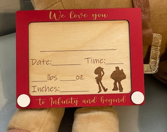 Toy themed birth stat photo prop announcement