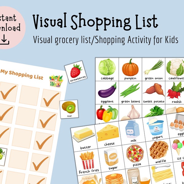 Visuelle Einkaufsliste für Kinder, Einkaufsliste für Kinder, Einkaufs-Checkliste, Vorschulaktivität, druckbare Lebensmittelkarten mit Bildern