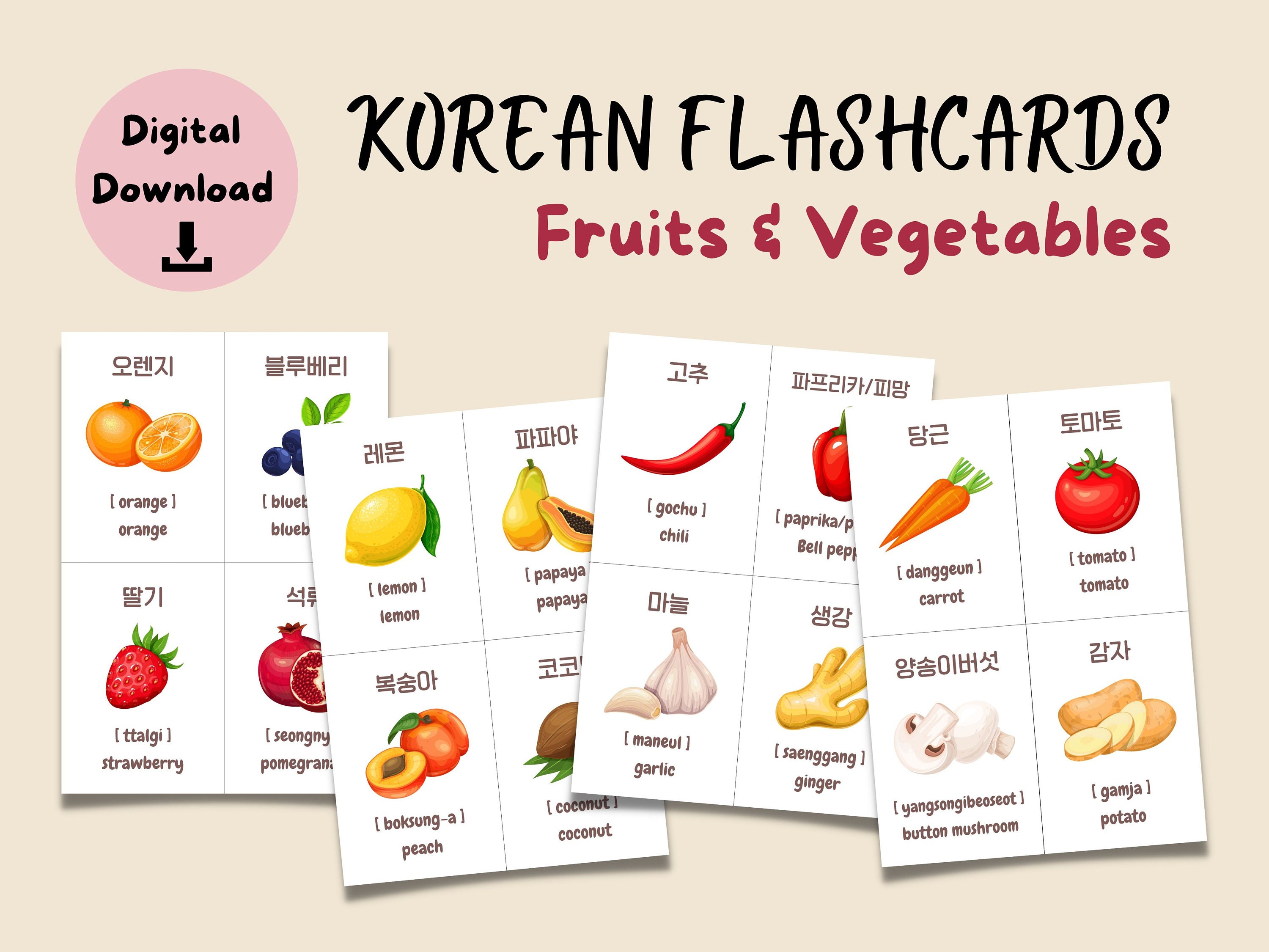 Korean English Flashcards With Fruits and Vegetables Learning Etsy