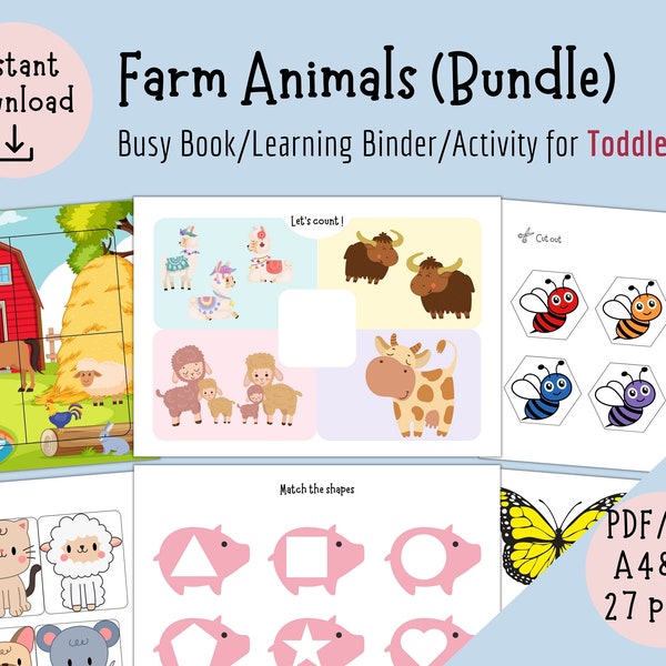 Busy Book Bundle, Kleinkind Busy Mappe, Bauernhof Tiere, Bauernhoftiere lernen, Vorschule druckbar, Kinderspiele, Aktivität, Montessori Materialien