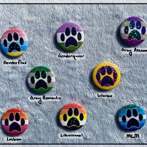 May include: A collection of round, colorful buttons with paw print designs. Each button features a different pride flag color scheme and a label, including "Genderflux," "Genderqueer," "Gray Asexual," "Gray Romantic," "Intersex," "Lesbian," "Lithiosexual," and "MLM."